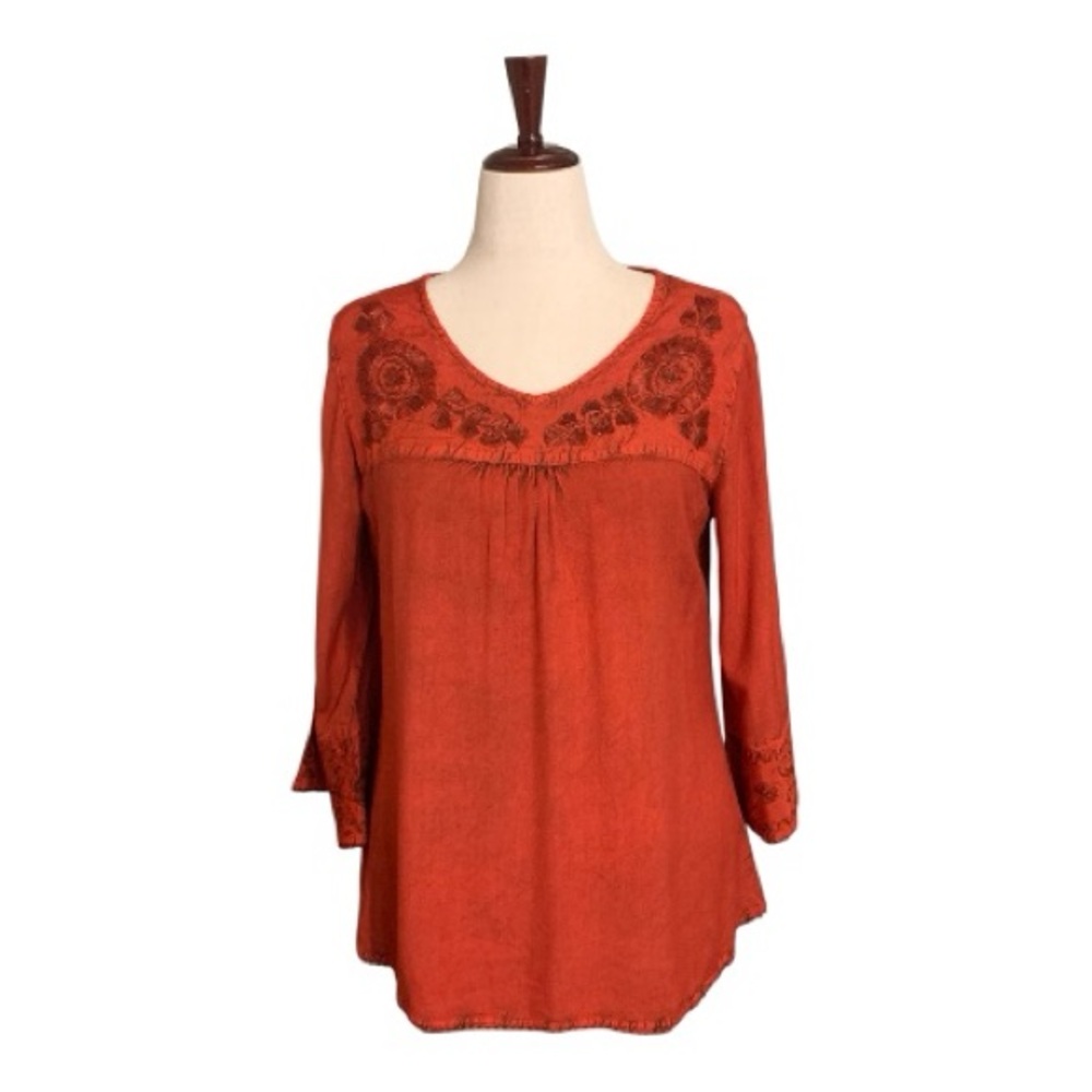 Parsley & Sage Burnt Orange Boho Embroidered Lightweight Blouse Long Sleeve Sz M